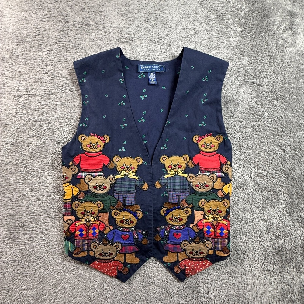 Karen Scott Teddy Bear Embroidered Vest Navy Blue Holly M Womens Holiday Xmas